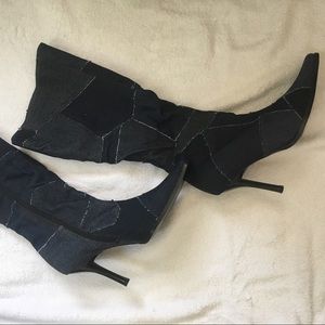 High denim patch heeled boots